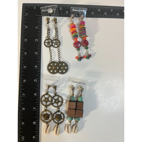 Cowrie Shells, Metal, Resin Clip On Earrings 4 Pair Dangles 2"-4" USA Made G5 - Picture 2 of 10